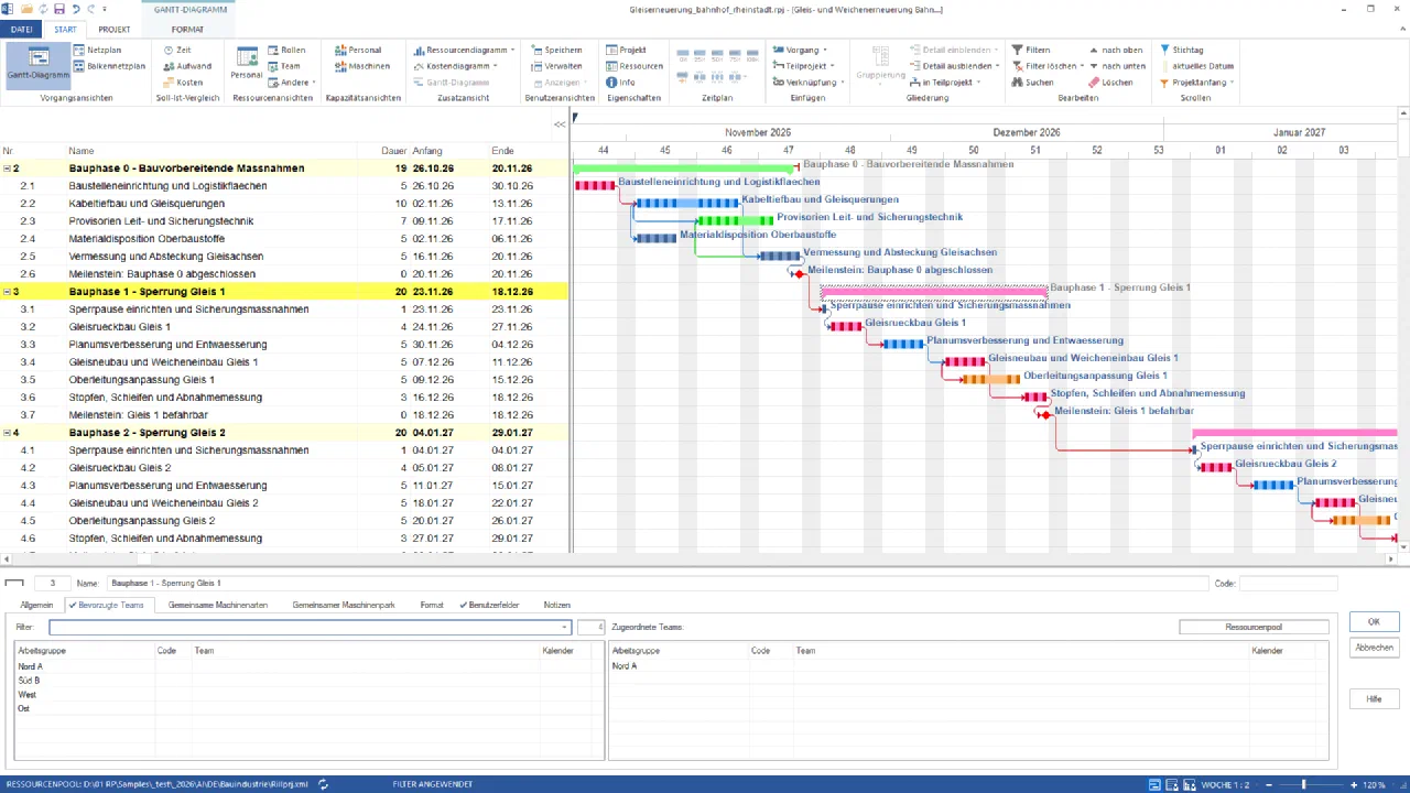 Rillsoft Project, Gantt-Diagramm der Gleis- und Weichenerneuerung Bahnhof Rheinstadt, November 2026 bis Januar 2027: Bauphase 1 – Sperrung Gleis 1 gelb markiert mit den Vorgängen Sperrpause einrichten, Gleisrückbau, Planumsverbesserung, Gleisneubau und Weicheneinbau, Oberleitungsanpassung, Stopfen, Schleifen und Abnahmemessung; unten der Teilprojektdialog, Reiter Bevorzugte Teams, mit Nord A, Süd B, West und Ost links und Nord A als zugeordnete Arbeitsgruppe rechts